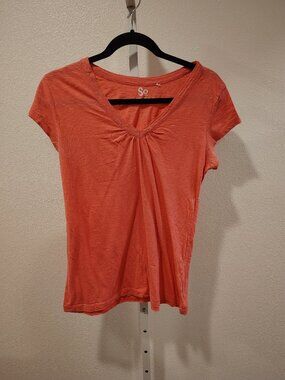 SO Junior's Short Sleeve Top Size XL Pink Cotton V-Neck Pleated Detail Y2K
